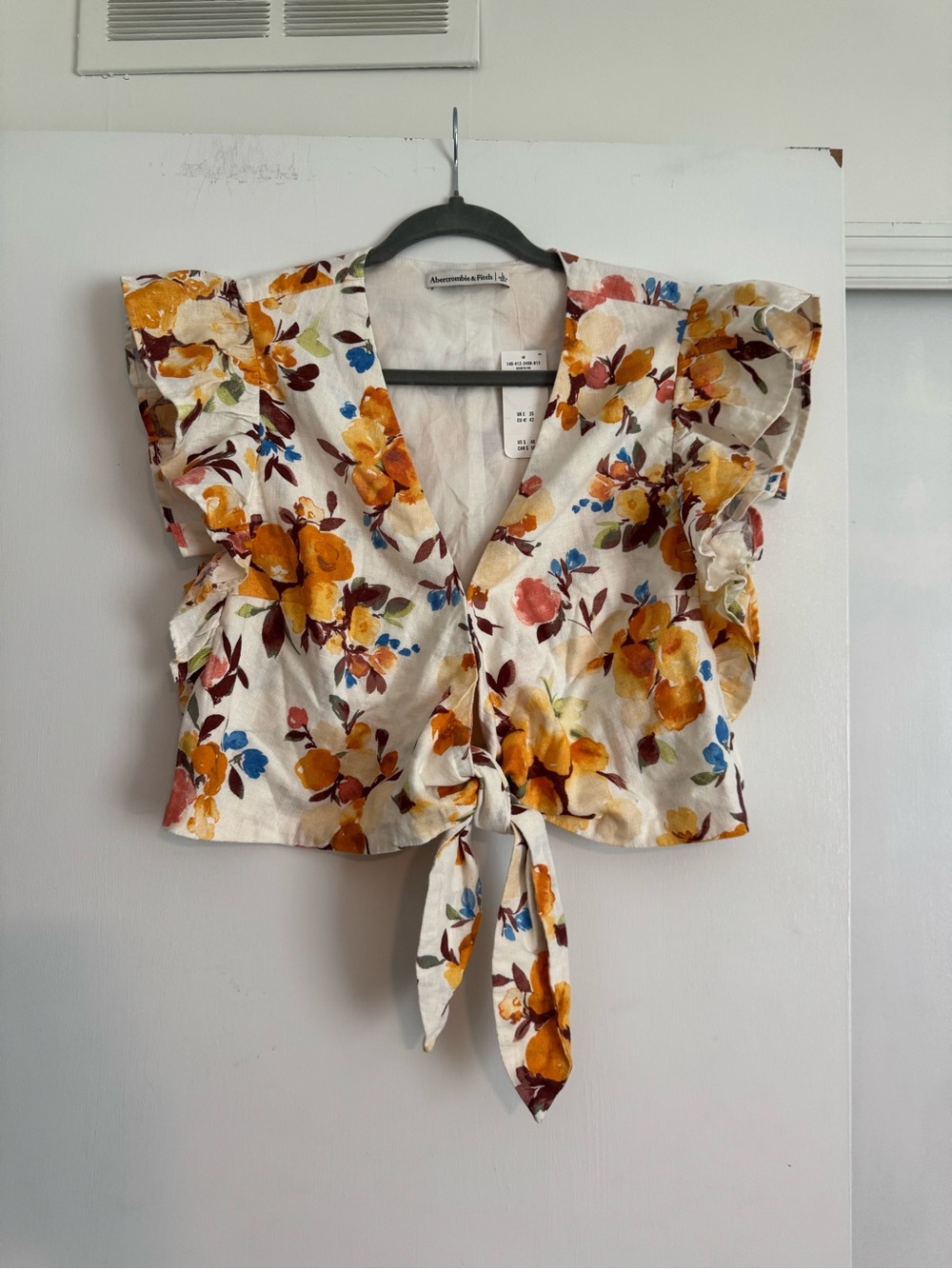 Abercrombie & Fitch Floral Tie-Front linen Crop Top - Yellow Multi